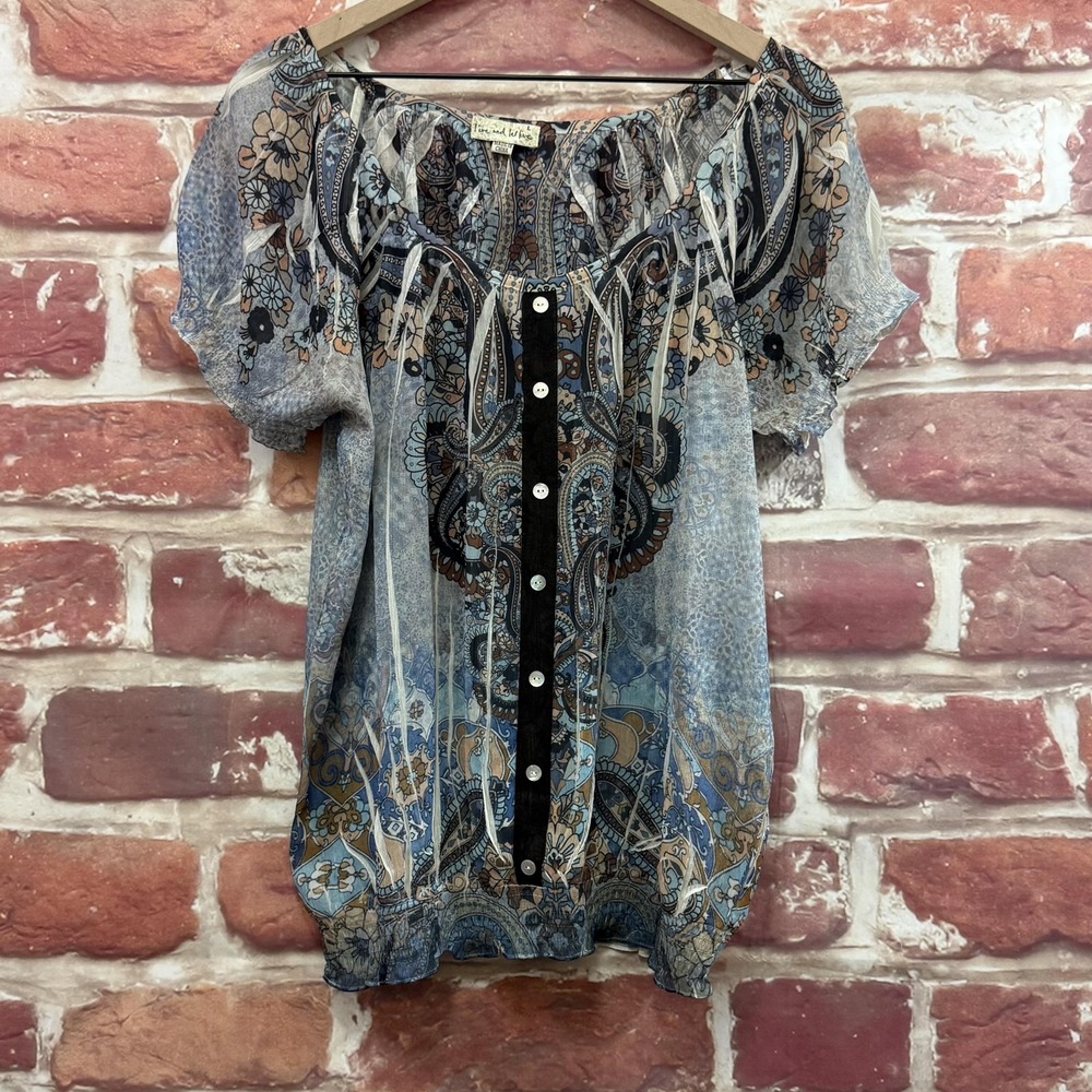 One World Live And Let Live Top Women's Large Boho Floral Abstract Casual Shirt